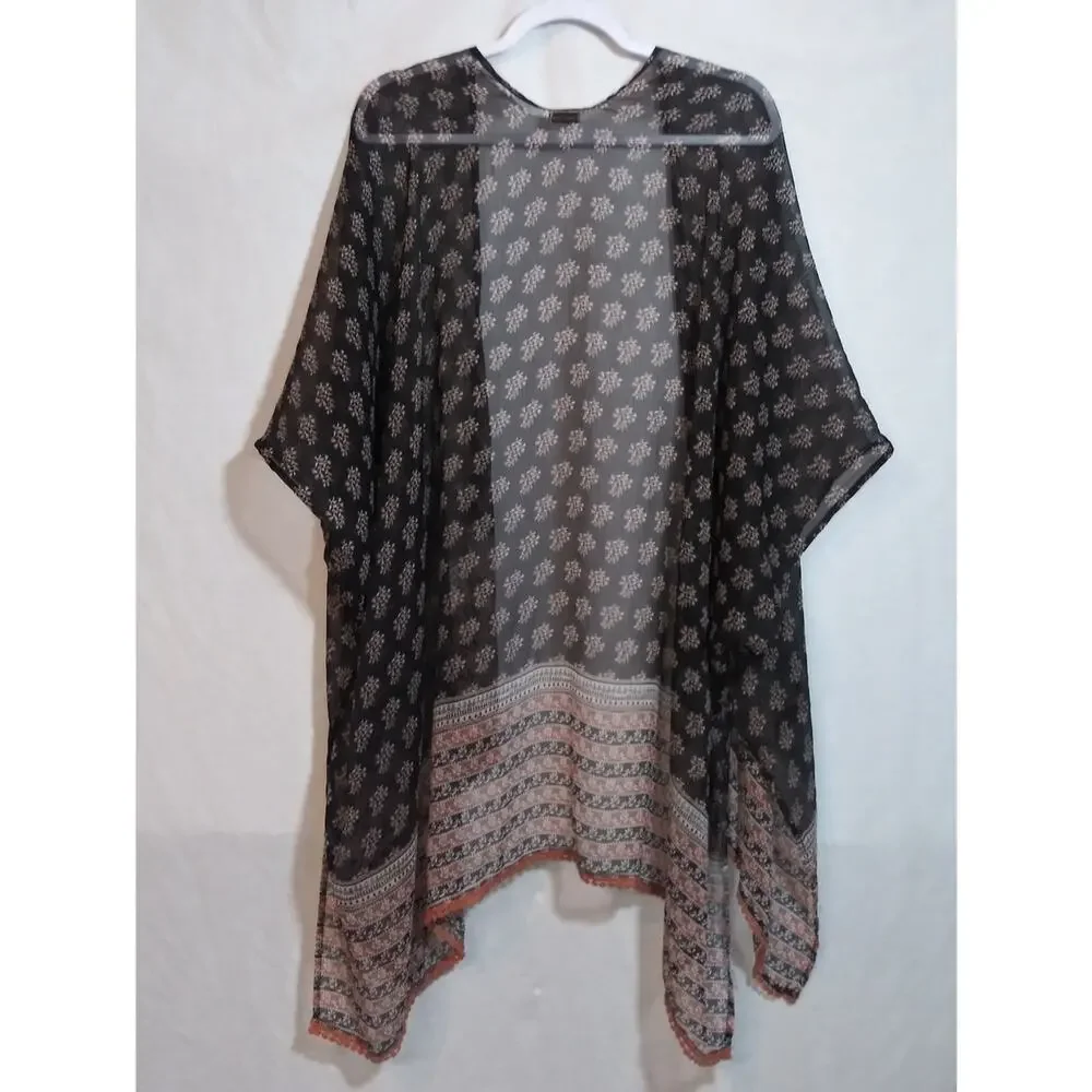 Coldwater Creek Sheer Silky Black Printed Kimono Cover-Up Size One Size